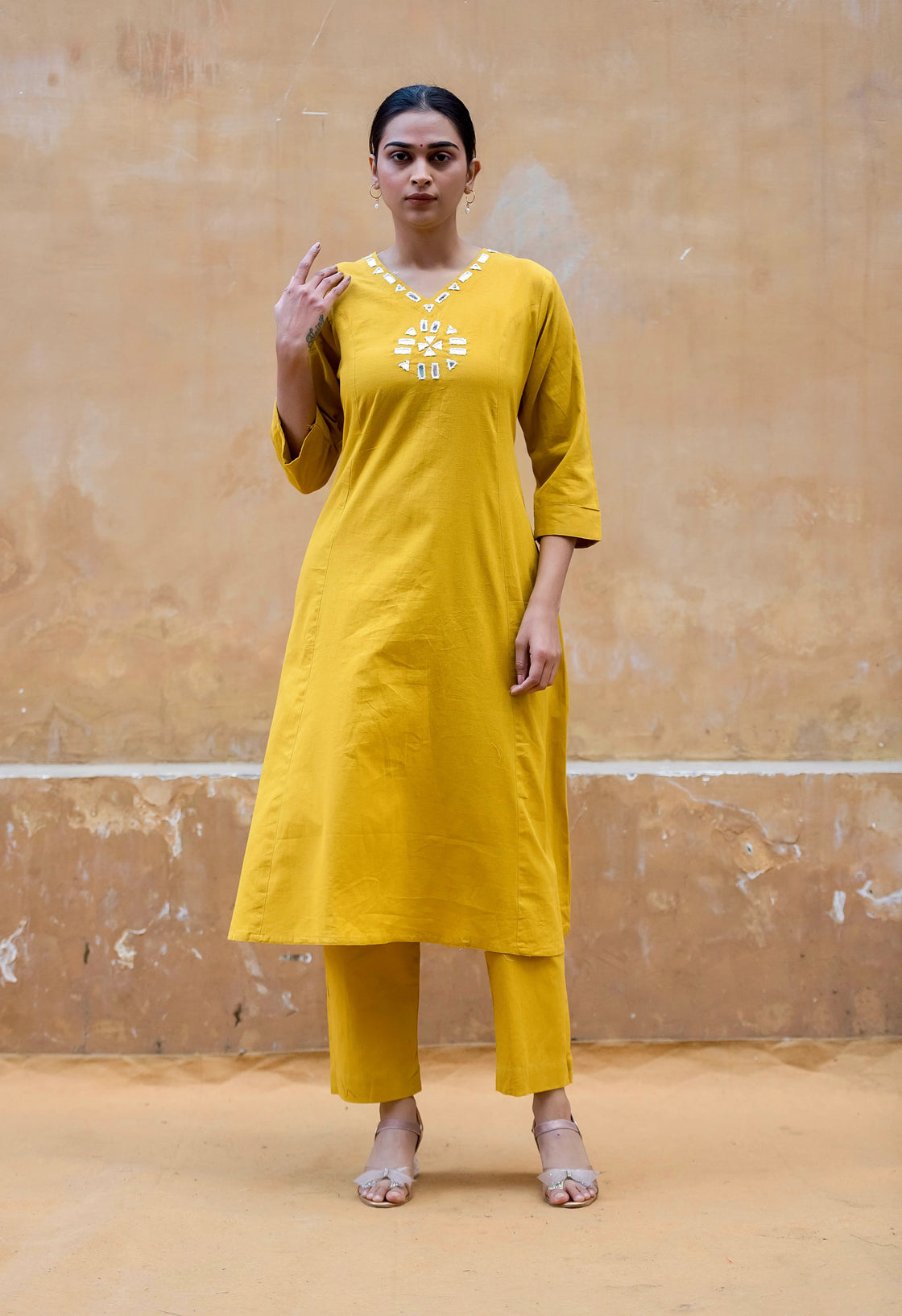 Mustard Yellow Flex Cotton Kurti Pant Set with Mirror Work