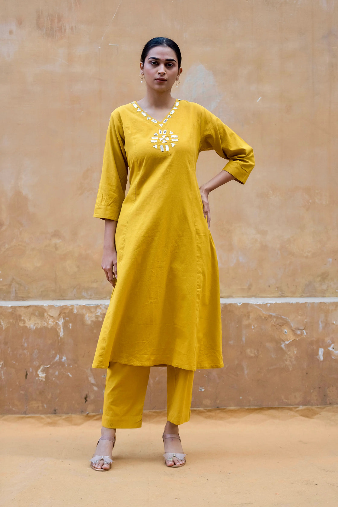 Mustard Yellow Flex Cotton Kurti Pant Set with Mirror Work