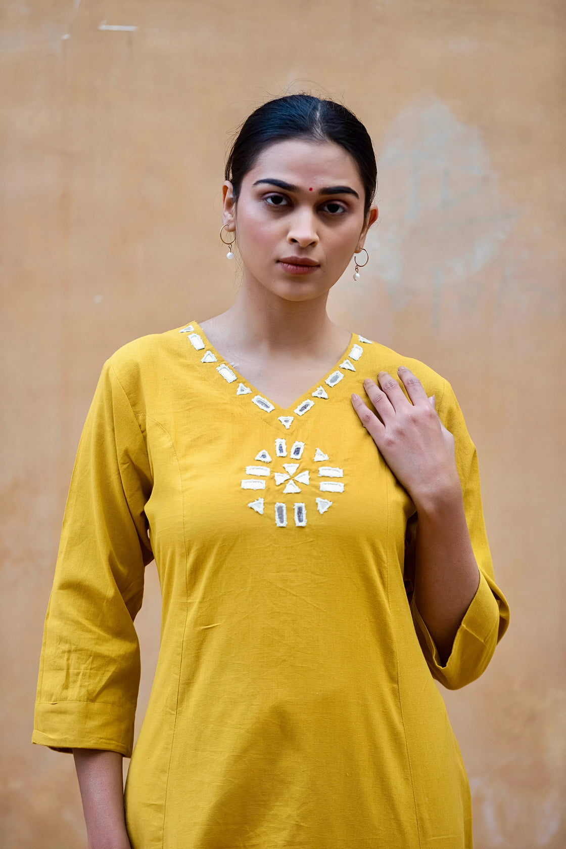 Mustard Yellow Flex Cotton Kurti Pant Set with Mirror Work