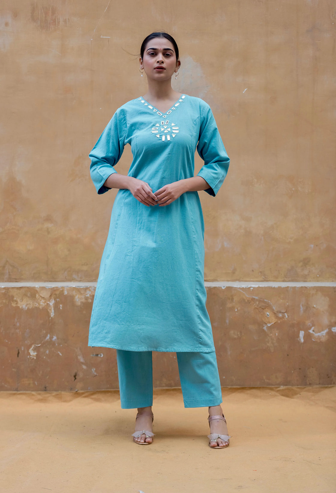 Sky Blue Flex Cotton Kurti Pant Set with Mirror Work