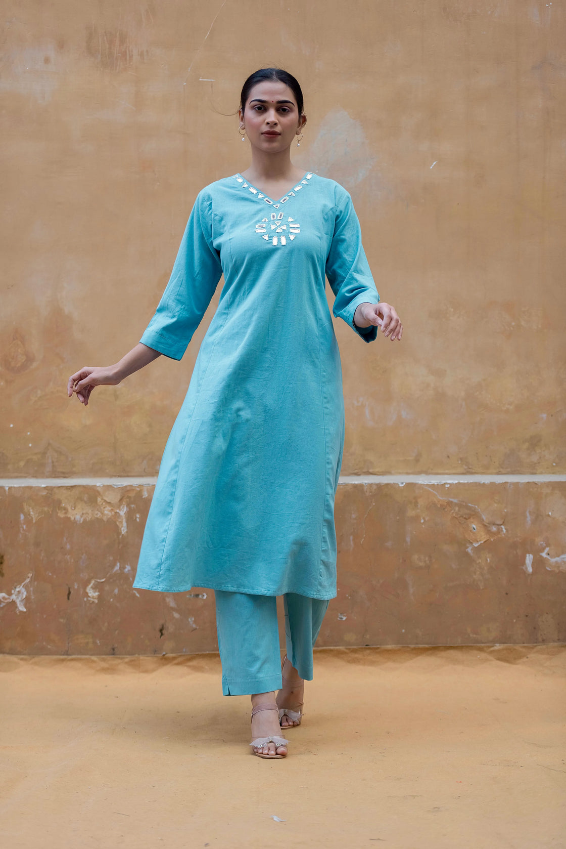 Sky Blue Flex Cotton Kurti Pant Set with Mirror Work