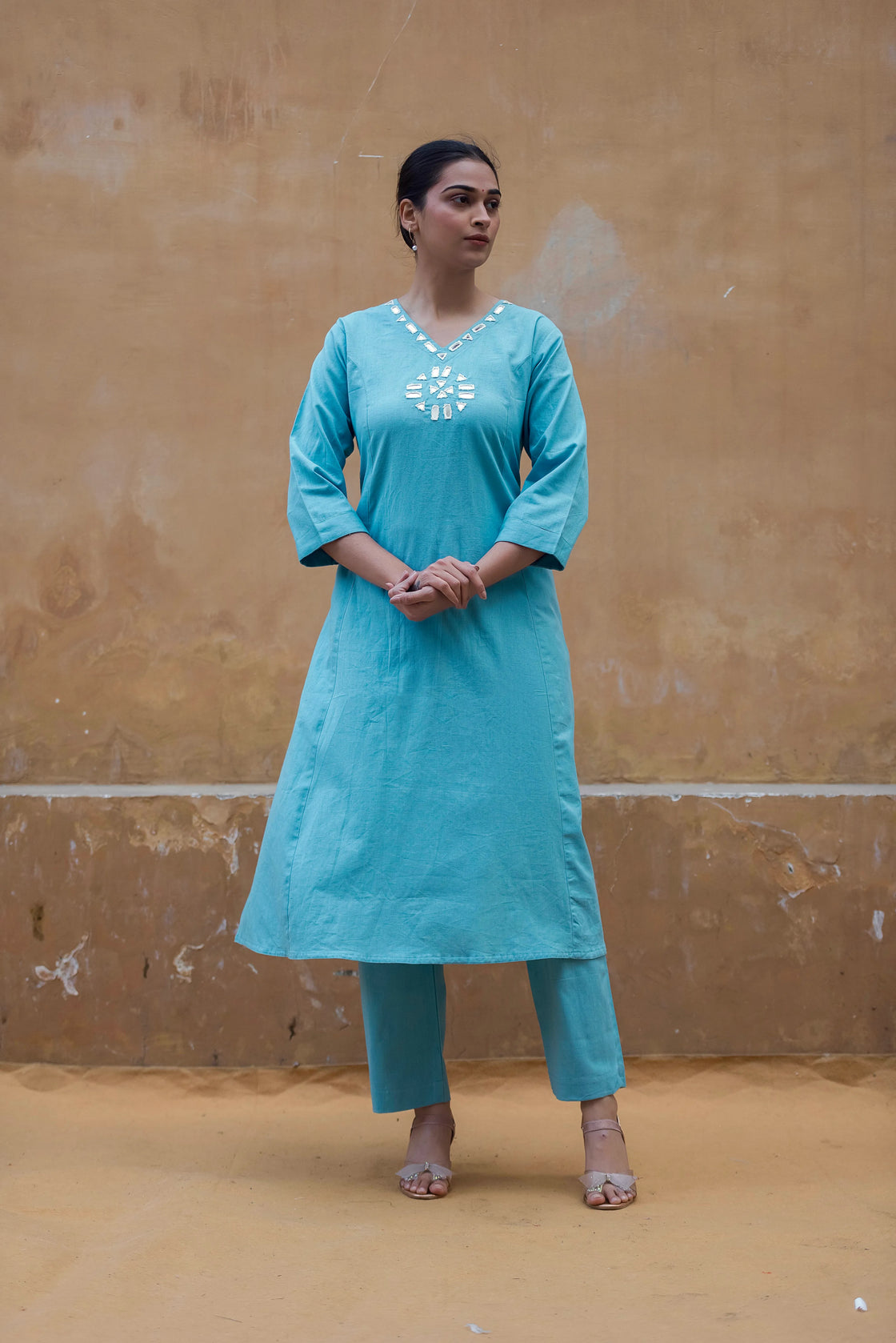 Sky Blue Flex Cotton Kurti Pant Set with Mirror Work