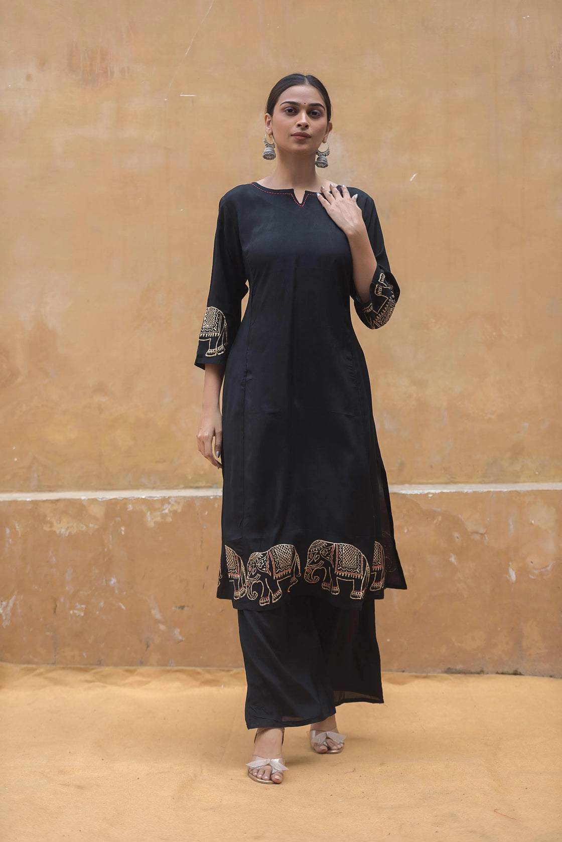 Black Muslin Kurti Pant Set with Block Print & Katha Work – Front View, Ideal for Office & Casual Wear.