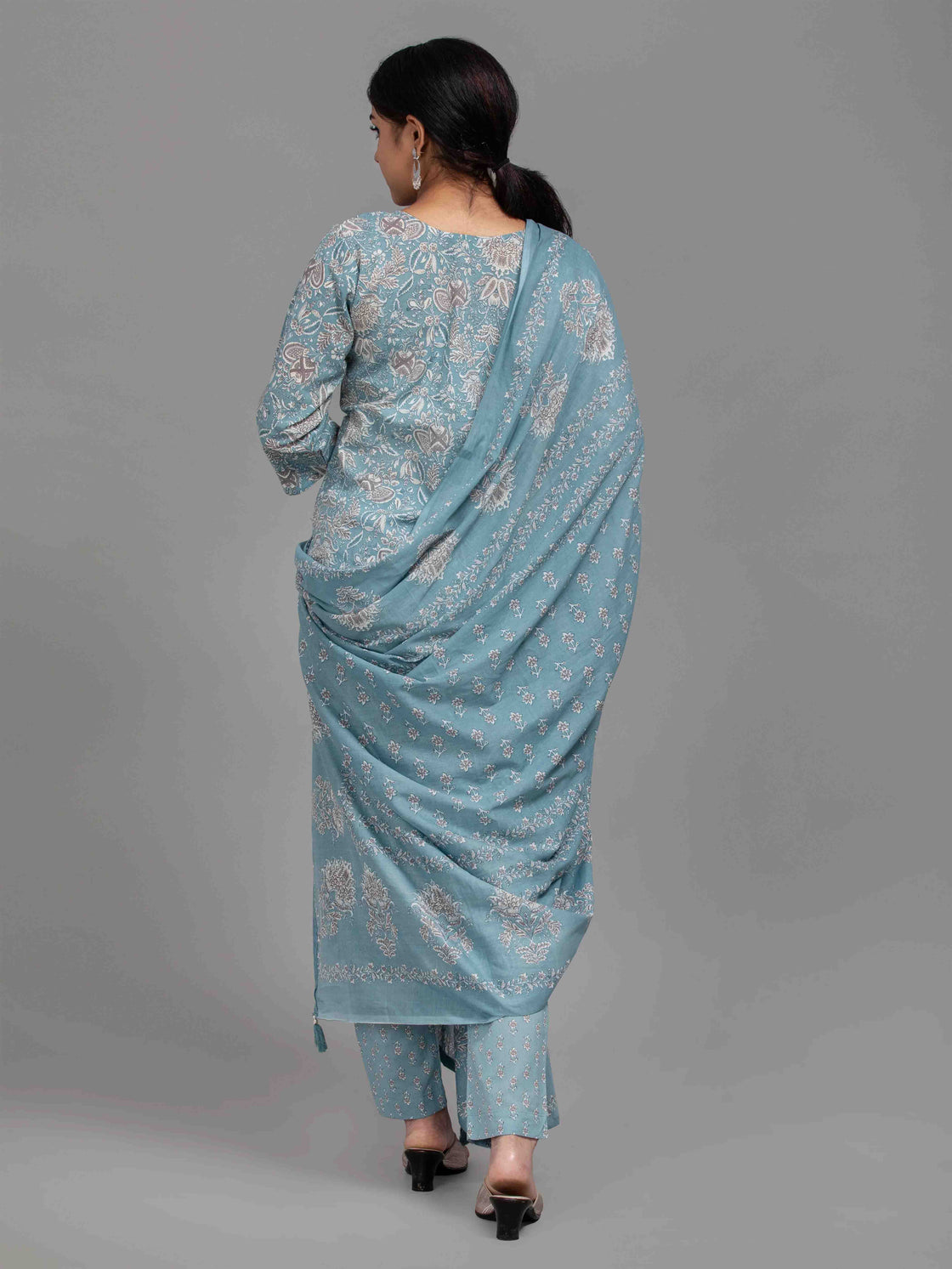 Casual wear blue cotton round neck kurti pant set with dupatta