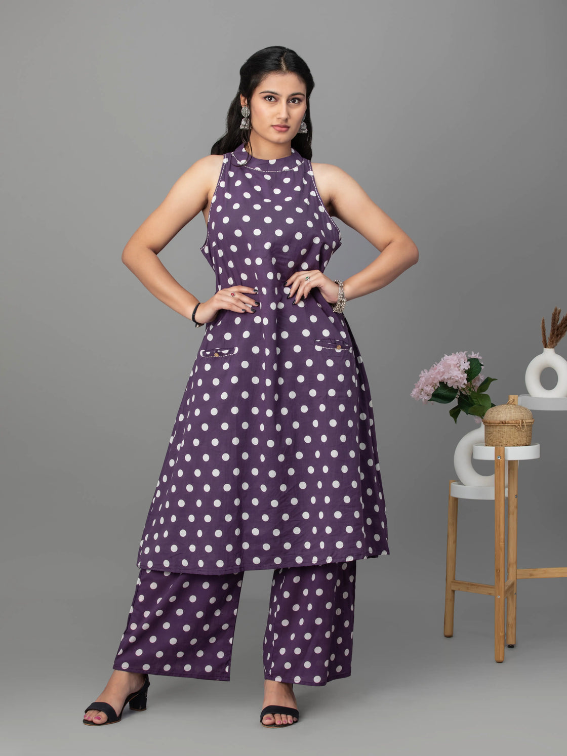 Grape glamour halter neck cotton kurti set - Alter neck kurti set