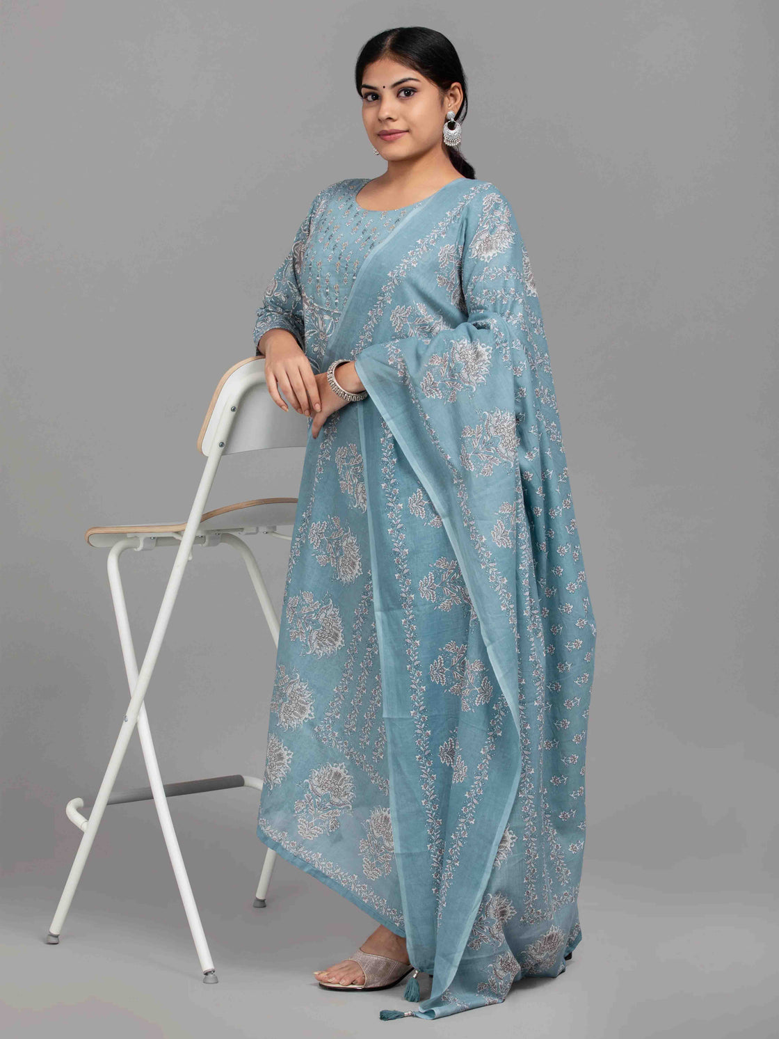 Mirror work round neck blue cotton kurti pant set dupatta