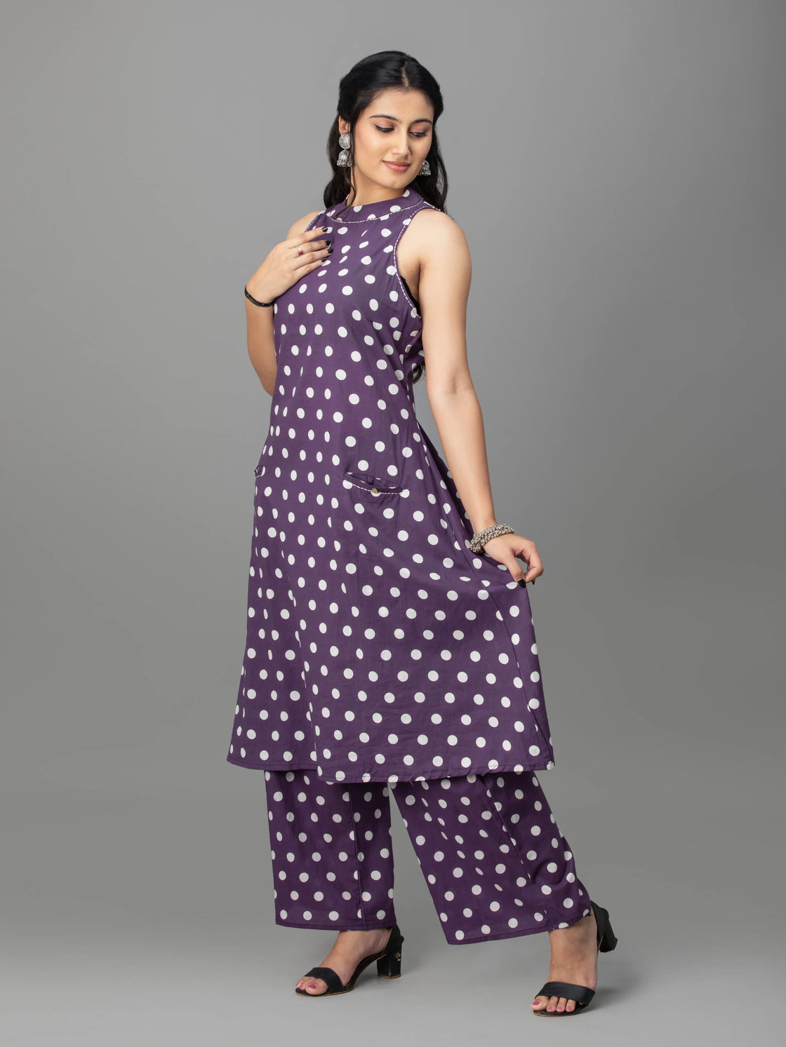Purple cotton halter neck kurti pant set