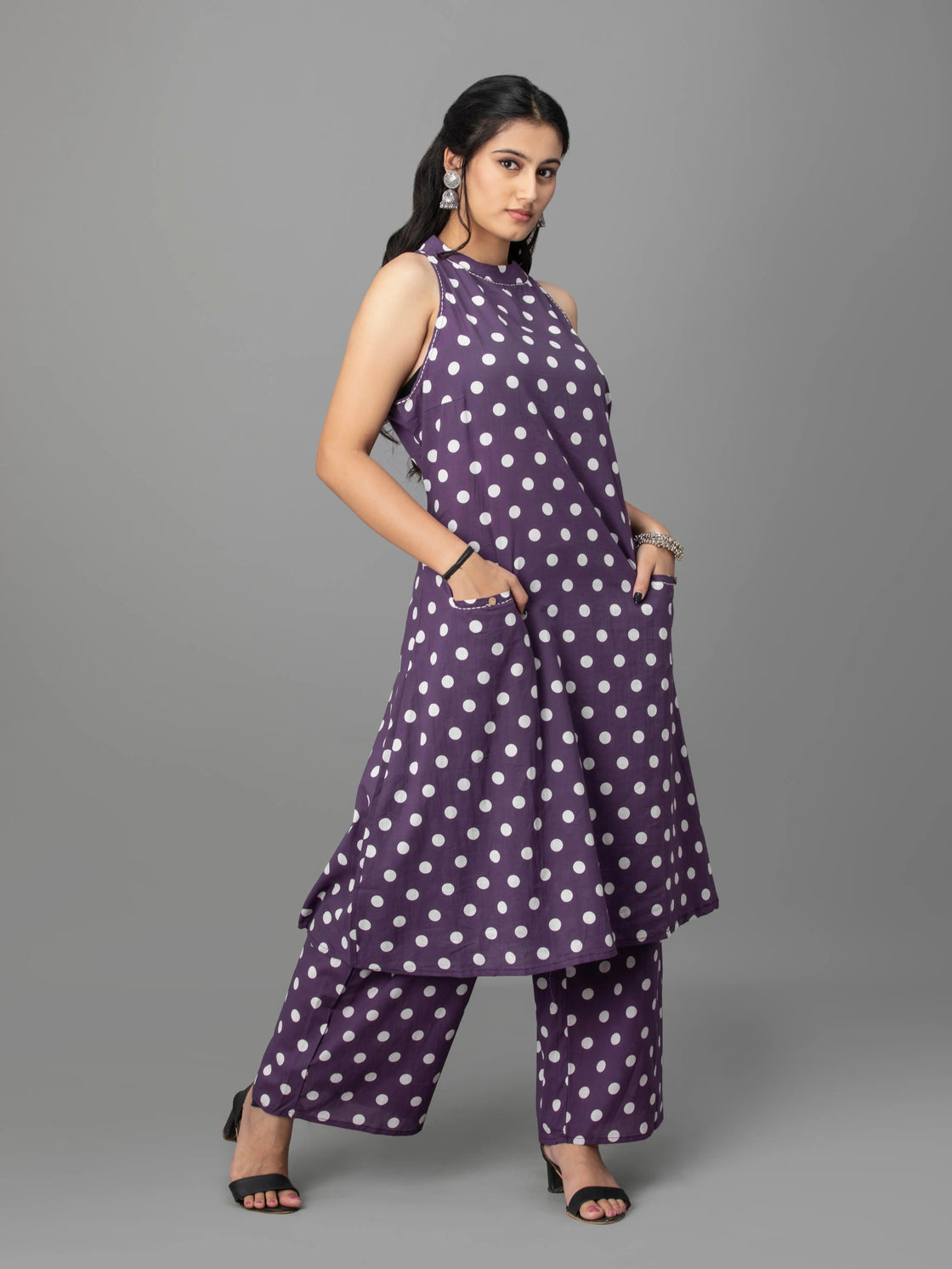 Purple halter neck cotton kurti pant set