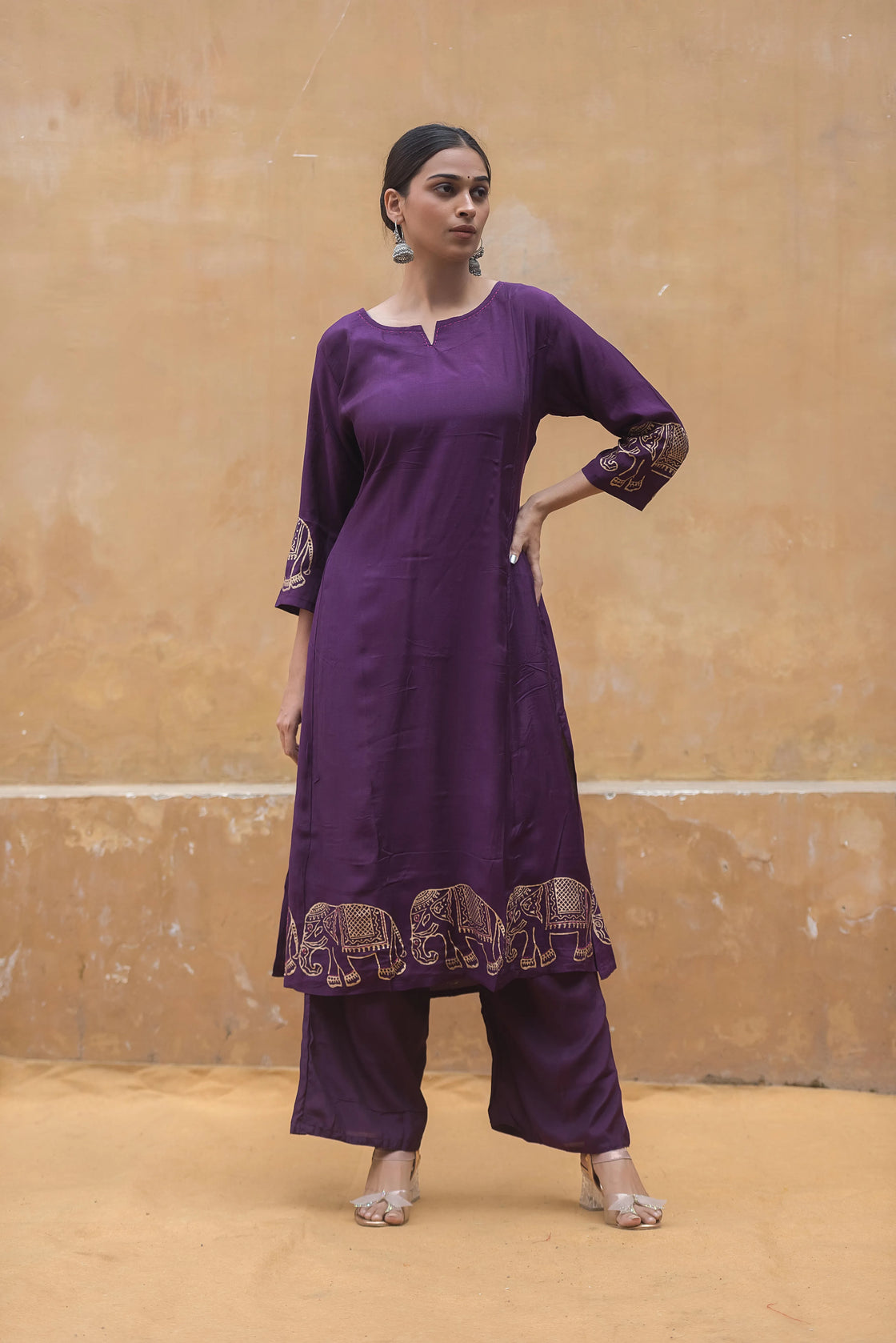 Get the Perfect Look with Elegant Purple Muslin Kurti Set – Katha Work & Block Print for Office & Casual Wear.