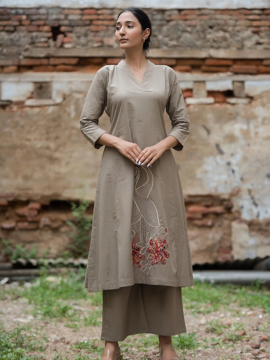 Grey Embroidered Cotton Kurta Set for Women
