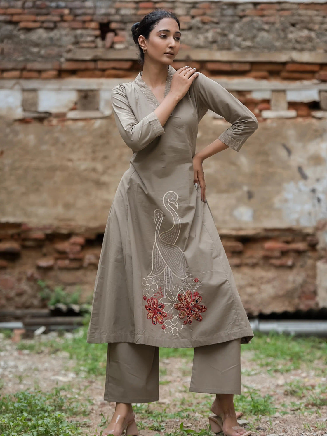 Grey Embroidered Cotton Kurta Set for Women