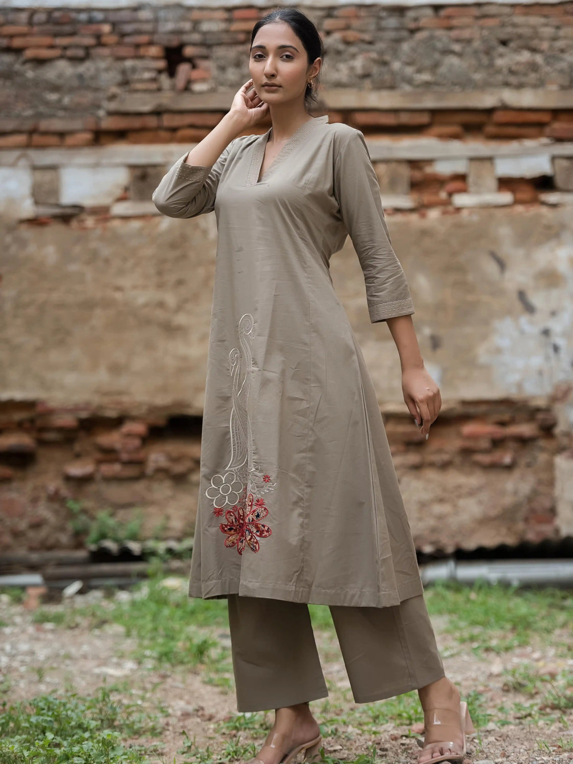 Grey Embroidered Cotton Kurta Set for Women