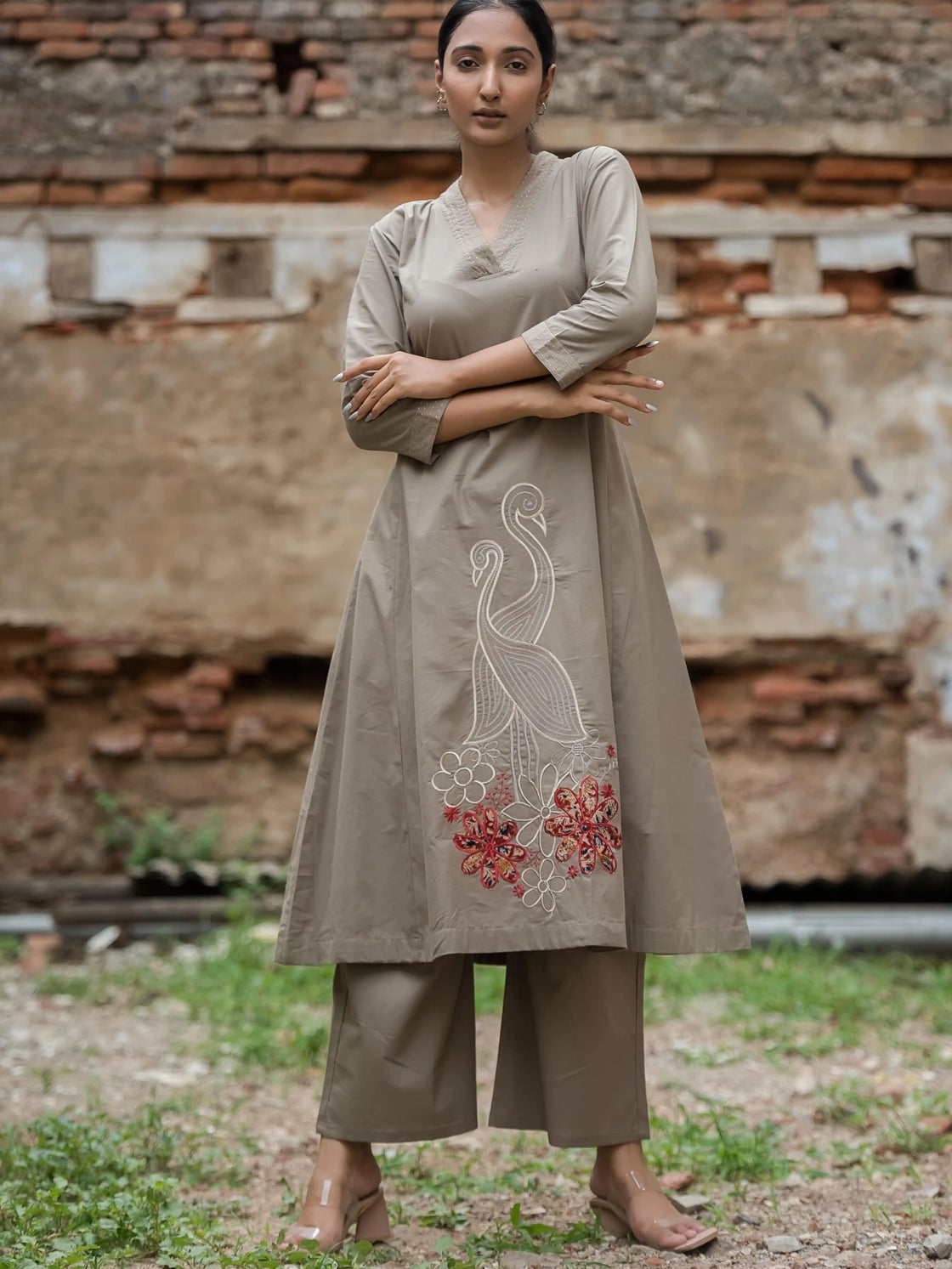 Grey Embroidered Cotton Kurta Set for Women