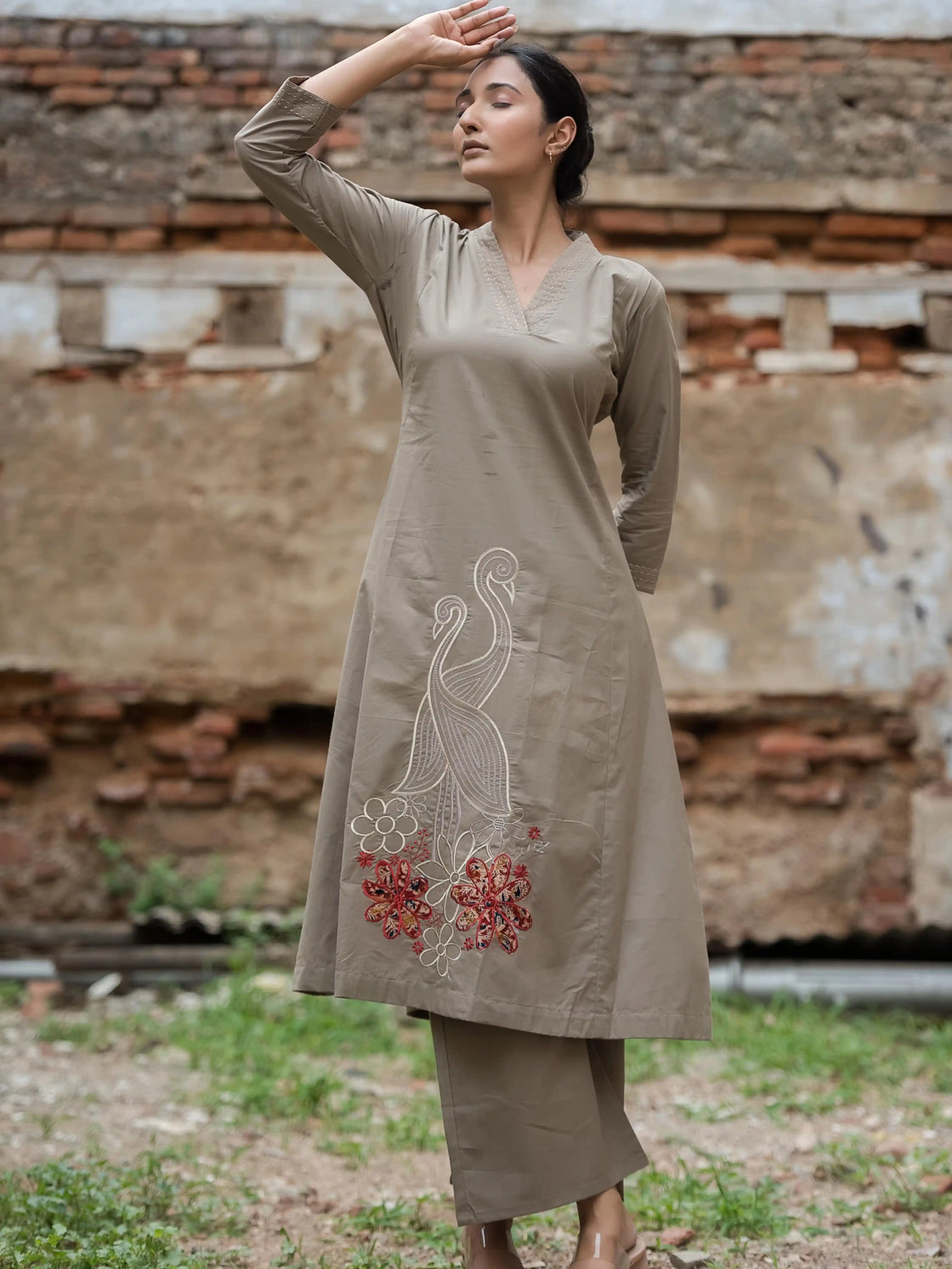 Grey Embroidered Cotton Kurta Set for Women