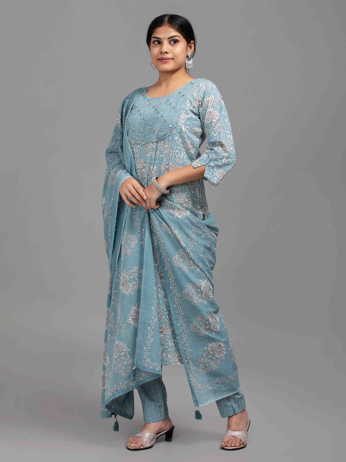 Round neck mirror work cotton kurti set with salwar and dupatta