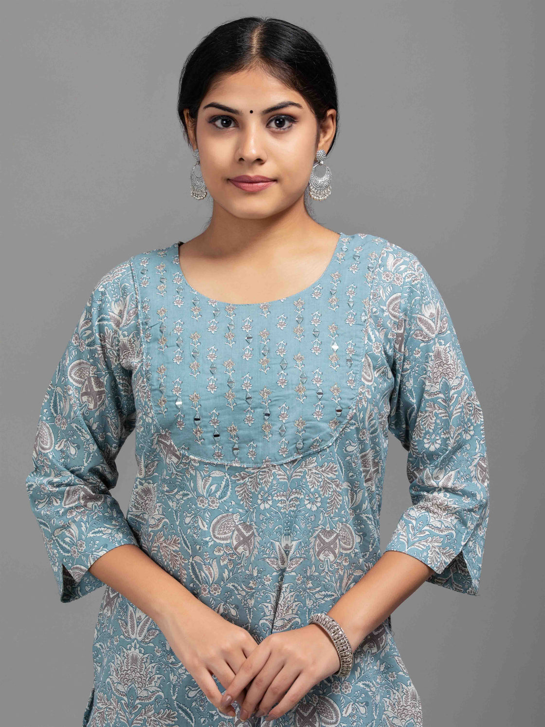 round neck women cotton blue top kurti full body mirror work