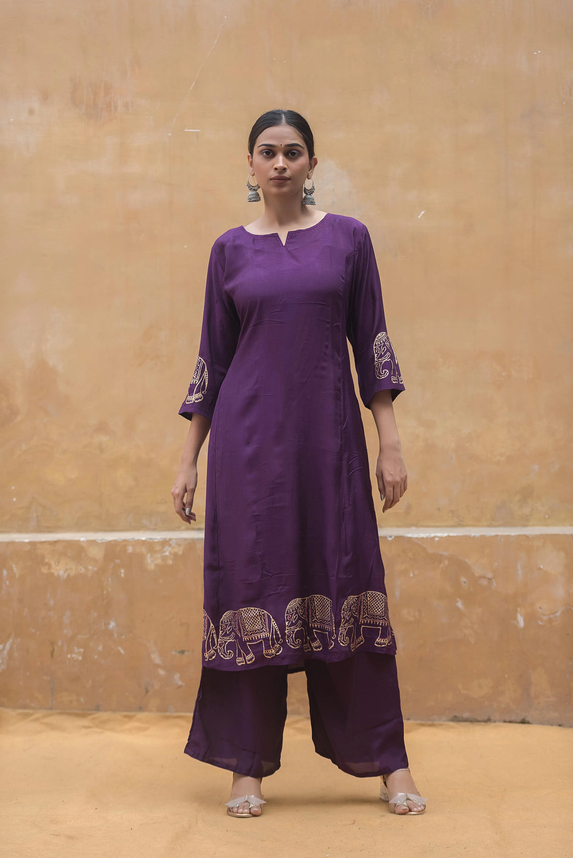 Discover Stylish Office & Casual Wear with Our Purple Muslin Kurti Set – Beautiful Katha & Block Print Design.