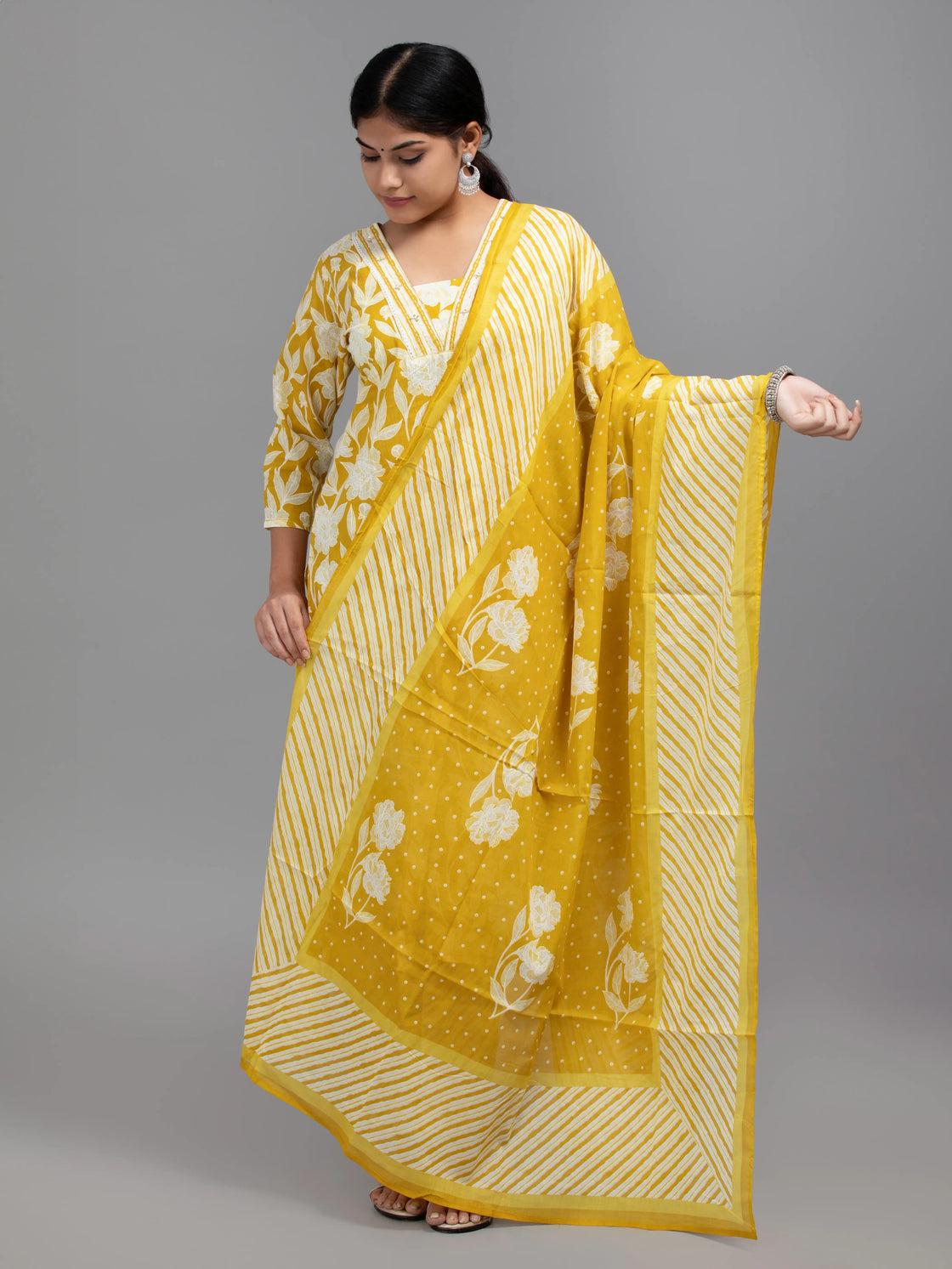 V-Neck Digital Print Kurti with Daliyah Work, A-Line Pant & Dupatta
