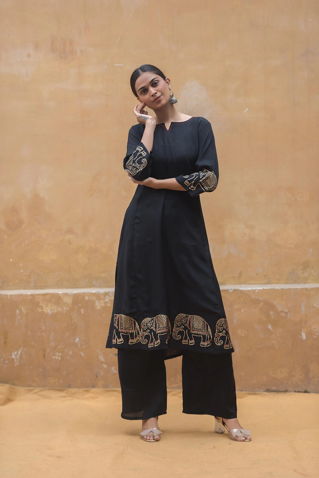 Elegant Black Muslin Kurti with Block Print & Katha Embroidery Worn by Woman – Ideal for Stylish Office & Casual Outfits.