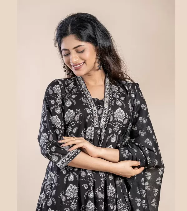 Midnight Bloom Cotton Kurti Set