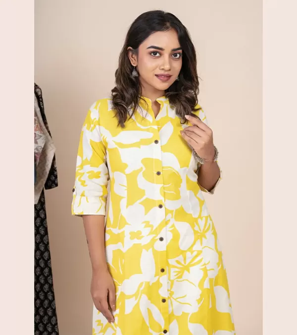 Cream Floral A Line Cotton Kurti