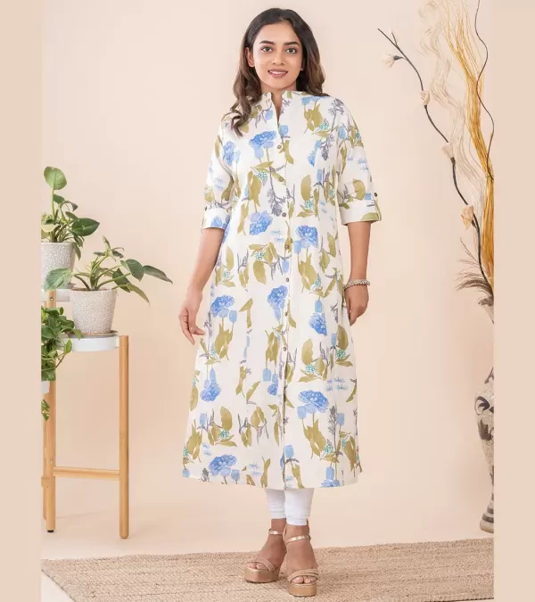 Cream Floral A Line Cotton Kurti