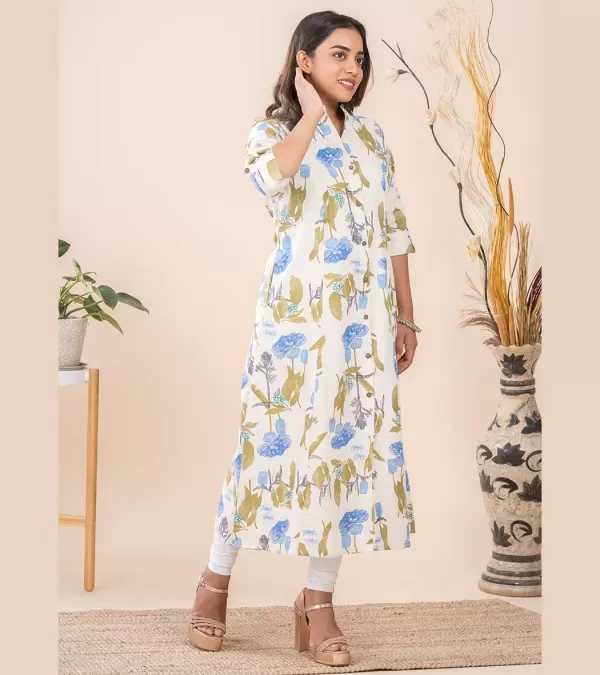 Cream Floral A Line Cotton Kurti