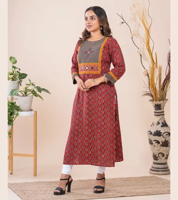 Patch Work Kurti on Mull Cotton With Ajrak Print