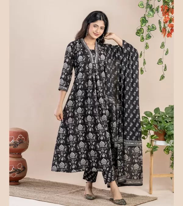 Midnight Bloom Cotton Kurti Set